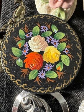 Hand-Painted Floral Round Brooch in Black with Red, Yellow & Cream Flowers